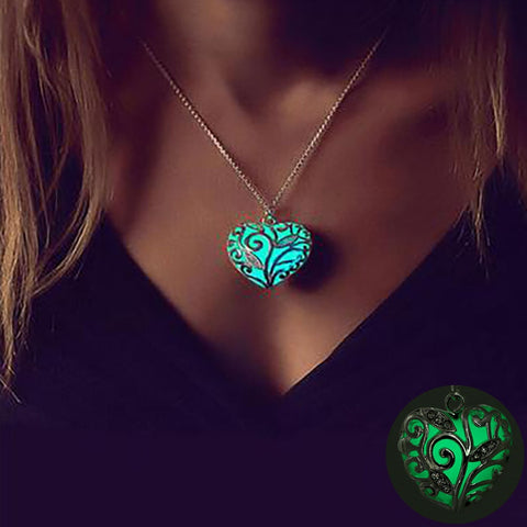 FAMSHIN Bohemia Silver Color Luminous Stone Heart Pendant Necklace Fashion Women Halloween Hollow Necklace Jewelry Gifts 2018